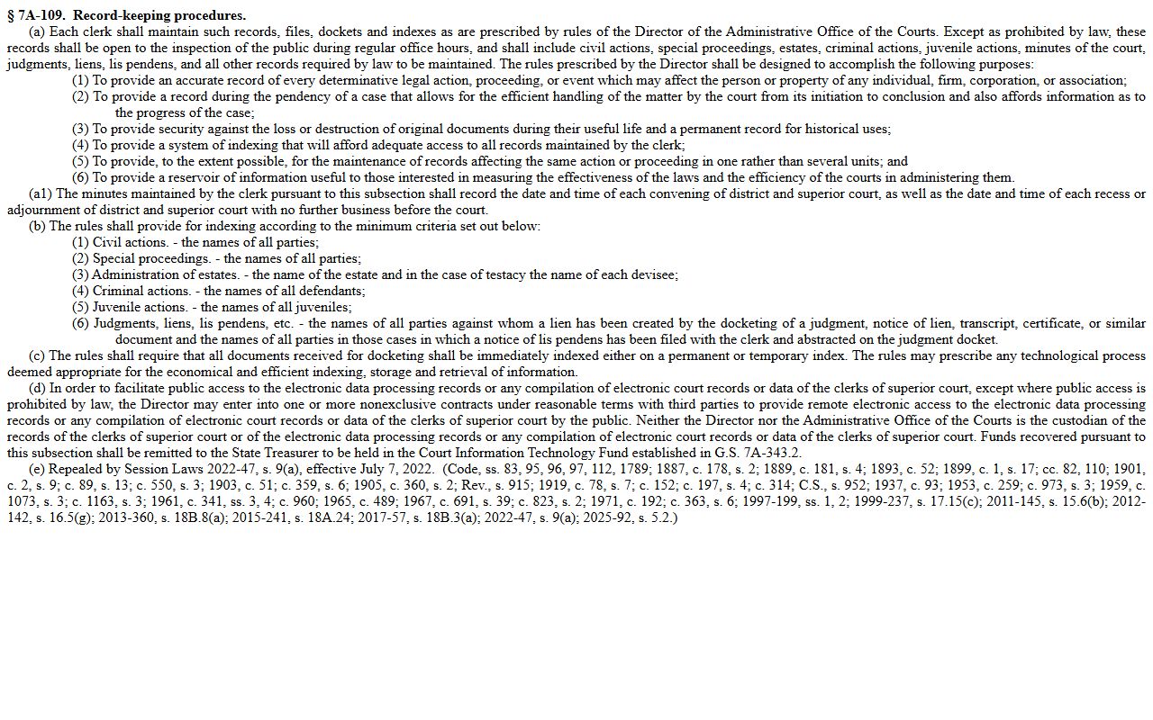 Davidson County Clerk of Superior Court records statute