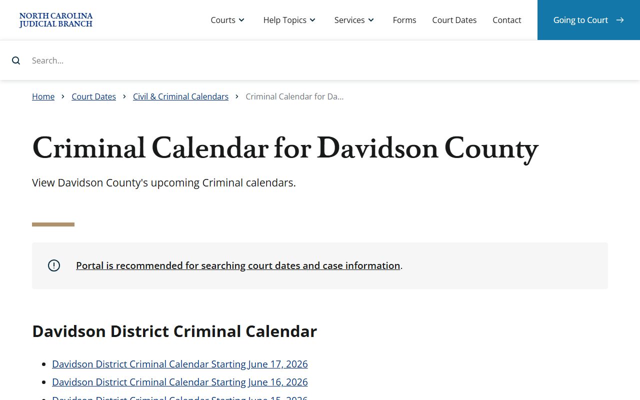 Davidson County court dockets criminal calendar search